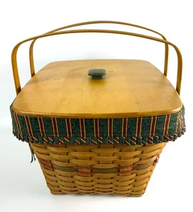 Longaberger 1995 grande cestino da picnic con coperchio in legno fodera a righe e protezione 16x13 - Foto 1 di 15