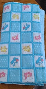 Vintage Hand sewn Baby Blanket Carebears Blue 42x42 Handmade - Picture 1 of 20