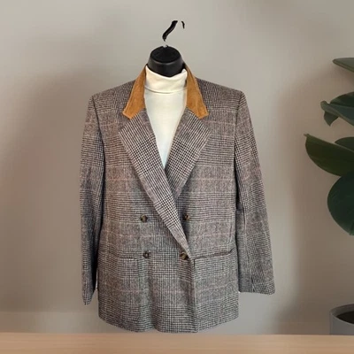 Blazer de lana a cuadros vintage 6 cuello de gamuza marrón doble pecho preppy despistado Foto 1 de 4