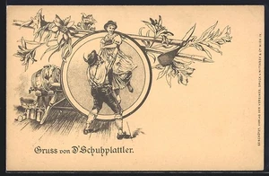 Lithographie D´Schuhplattler, Trachtenpaar beim Tanz, Fass, Spitzhacke - Bild 1 von 2