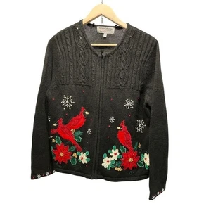 Heirloom Collectibles Black Cardinal Poinsettia Ugly Christmas Sweater Cardigan - Picture 1 of 16