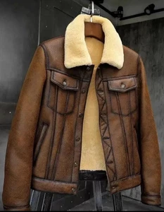 Men Aviator Brown RAF B3 Flying Pilot Bomber Shearling Fur Real Leather Jacket - Picture 1 of 5