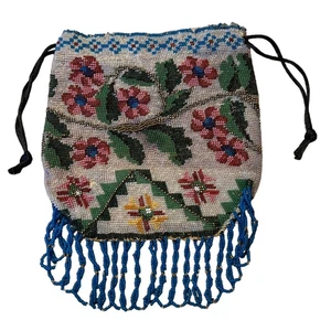 Victorian Antique Beaded Bag, Floral, Drawstring Super Fine Beads Lining - Picture 1 of 6