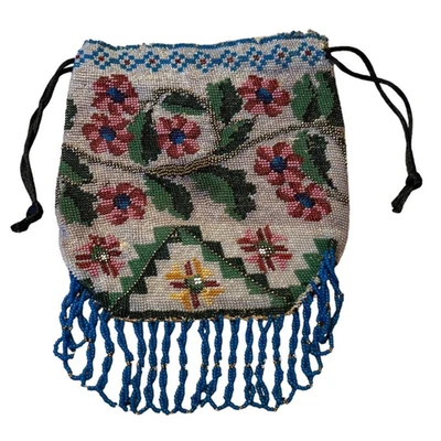 Victorian Antique Beaded Bag, Floral, Drawstring Super Fine Beads Lining - Image 1 of 4