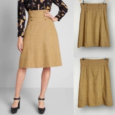 Modcloth Timeless Elements Tweed Skirt Womens Size 10 Wool Blend Herringbone Tan - Image 1 of 4