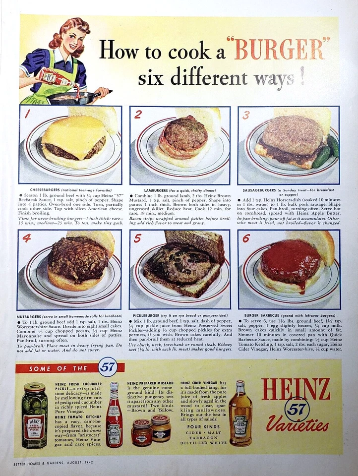 PRINT AD 1942 Heinz 57 Varieties Cook a Burger Six Different Ways 8.5 x 12.5 - Image 1 of 1