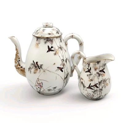 Tetera y crema de porcelana Imura Hikojiro Yokohama Japón gorriones Meiji bambú  Foto 1 de 4