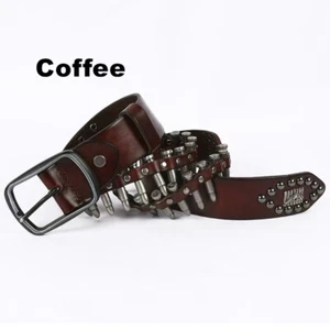 Real Leather Waist Belt Heavy Metal Bullet Rivet Studded Unisex Punk Waistband - Picture 1 of 40