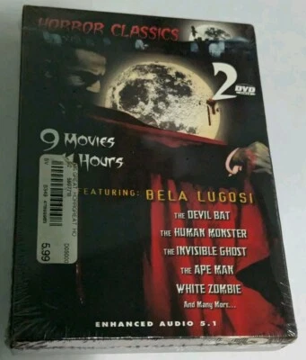 Horror Classics 2 DVDs Sealed ft. Bela Lugosi contains 9 Movies, 11 Hours - Image 1 of 3
