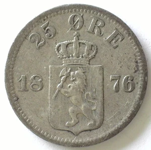 NORWAY 1876 SILVER 25 ØRE VF (KM#354) - Picture 1 of 2