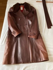 Celine Women's Long Coat Jacket Outer Leather Lambskin Fur Brown Belt Ladies - Picture 1 of 10