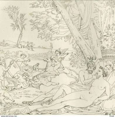 Nicolas Poussin Mars et Vénus Mythologie Grecque Anges Amour - Gravure original - Photo 1/3