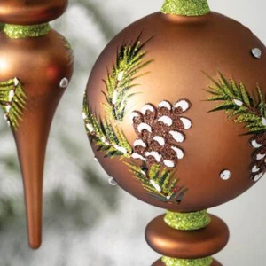 Set 2 NWT 10" Painted Glass Snow Pinecone Finial Lodge Cabin CHRISTMAS Ornaments - Picture 1 of 12