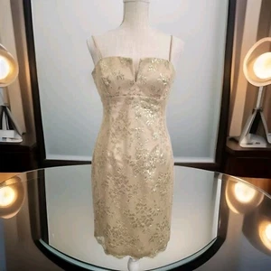Vintage Laundry Shelli Segal Dress Size 8 Metallic Gold Lace Split Front 90s Y2K - Picture 1 of 13