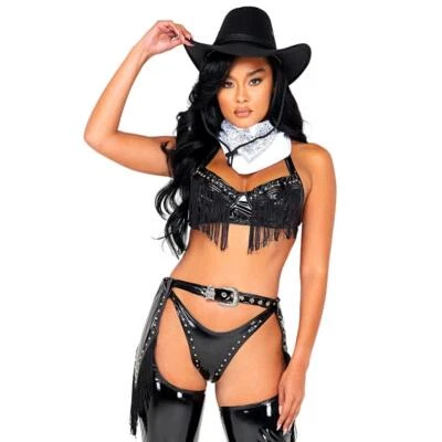 Conjunto de Disfraz de Vaquera Negra Vaquero Flecos Top Chaps Pantalones Cortos Bandana Medianoche 5105 Foto 1 de 4