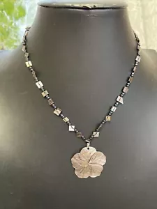 Floral Mother of Pearl Pendant Hematite Beaded Necklace - Picture 1 of 4