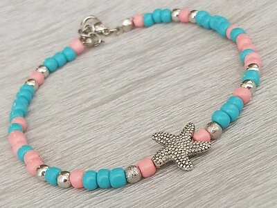 Starfish Turquoise & Pink Glass Seed Beads Anklet,Colorful Beaded Ankle Bracelet - Image 1 of 4
