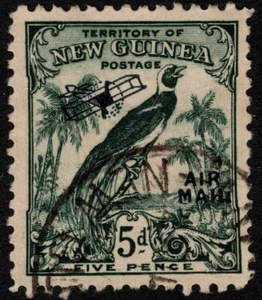 New Guinea 1932 5d Blue-Green Bird of Paradise AIRMAIL/PLANE OVERPRINT FU SG 196 - Picture 1 of 1