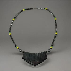 Vintage Hematite & Glass Bead Bib Necklace Barrel Clasp 16” Yellow Black Green - Picture 1 of 4