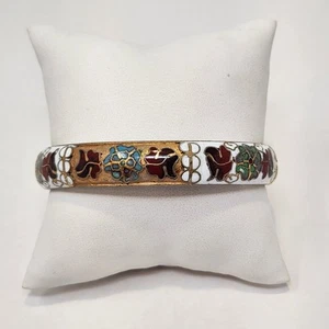 Floral White Cloisonne Gold Tone Hinge Bangle Bracelet Vintage Retro Jewelry - Picture 1 of 7