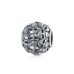 Round Barrel Skeleton Skulls Charm Bead Sterling Silver for European Bracelet - Picture 1 of 3