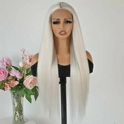 Peluca BLANCA Rubia Platino HD Frontal Encaje Cabello Humano Mezcla Larga Recta Rubia Foto 1 de 4