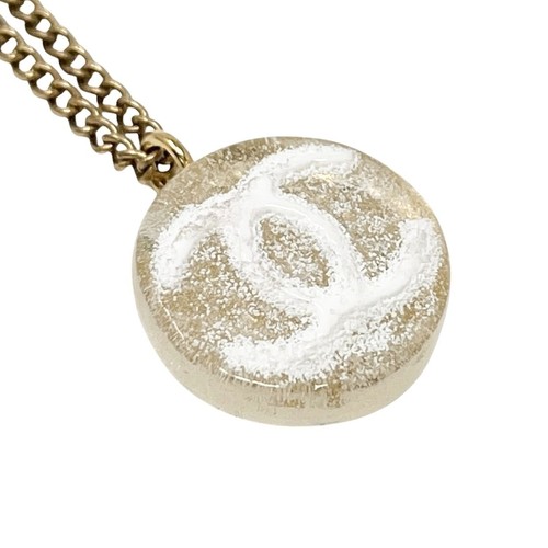 Collana CHANEL Vintage 03A CC Mark Logo Ciondolo Accessorio Moda Oro Bianco
