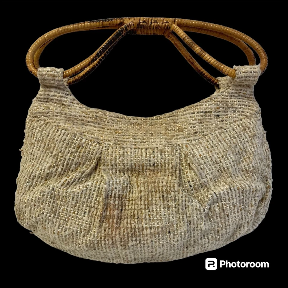 De Colección Años 70 NATURAL Beige ALFOMBRA Bolso de Mano Top Bambú Mango HIPPIE Boho MoD Cartera Foto 1 de 4