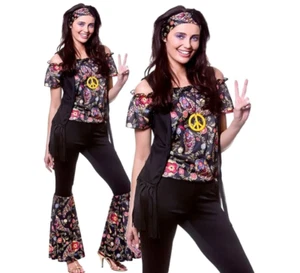 Ladies Hippie Costume 1960's Groovy Disco Flower Power Fancy Dress Costume - Picture 1 of 6