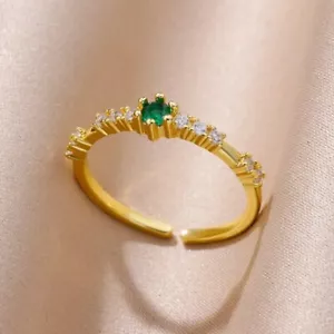 Stainless Steel Ring Green Zircon Round Handmade Women Christmas Party Gift - Picture 1 of 3