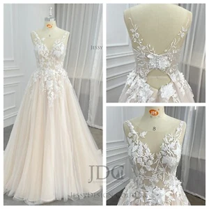 Champagne Floral Lace Wedding Dress Bridal Gown Custom made 6-28W Plus size - Picture 1 of 9