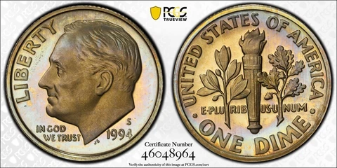 PR69DCAM 1994-S 10C Roosevelt Proof Dime, PCGS Secure- Pretty Album Toned Cover