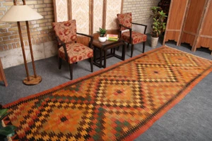 Turkish Kilim Rug, 5x12 Vintage Wool Handmade Hand Knotted Rug, 4'10" x 12'11" - Picture 1 of 11
