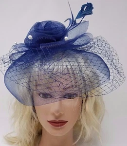 Navy Blue Fascinator w/Veil and Feathers, Headband, Wedding and Prom Accessory - Picture 1 of 3