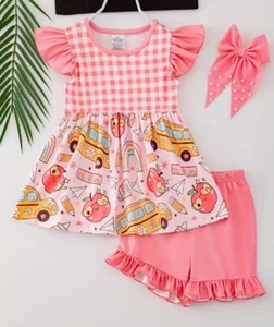 NEW Boutique Back to School Tunic Dress & Ruffle Shorts Girls Outfit Set - Picture 1 of 8