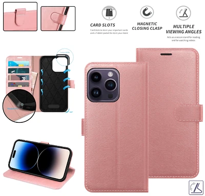 Flip Rose Gold Leather Phone Case Wallet Cover With Card Slot for All Models - Image 1 of 4