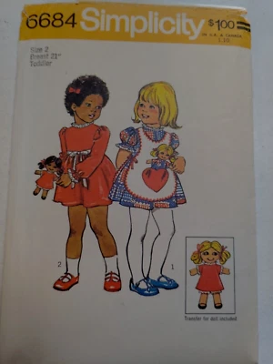 Dress Apron & Doll Girls 2 2T Simplicity 6684 Sewing Pattern & Transfer Cut VTG - Image 1 of 4