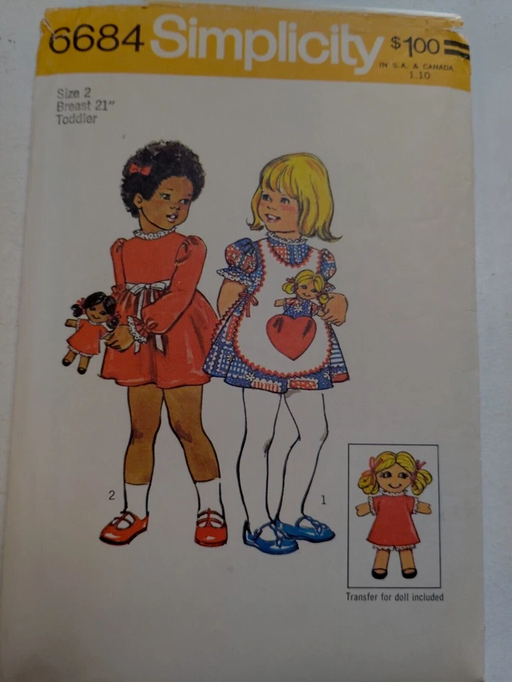 Dress Apron & Doll Girls 2 2T Simplicity 6684 Sewing Pattern & Transfer Cut VTG - Image 1 of 4