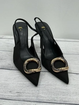 Zara Womens Slingback Pump Shoe Stilettos Heels Pointed Satin Black Size 39/US 9 - Image 1 of 4