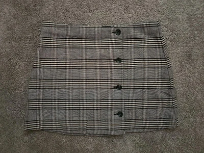 Volcom Black Tan White Plaid Knit Offset Button Wrap Front Mini Skirt Shoolgirl - Image 1 of 4