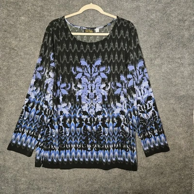 Bob Mackie Топ женщин 3 X синий черный цветочный Artsy Джерси вязаный туника с длинным рукавом - Изображение 1 из 4