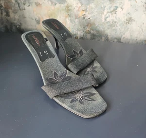 Y2K 2000 Jeff banks kitten heel mules denim floral flowers size 7 Euro 41 strap - Picture 1 of 7