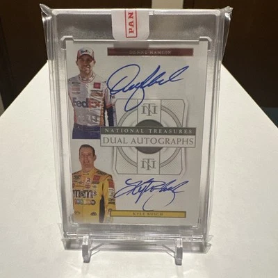 DENNY HAMLIN KYLE BUSCH 2021 NATIONAL TREASURES DUAL AUTO SILVER /10 - Image 1 of 2