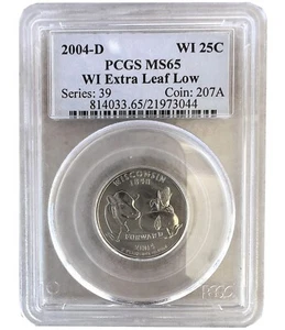 2004-D 25C Wisconsin State Extra LEAF LOW Quarter PCGS MS65 US Rare Coins 044 - Picture 1 of 2