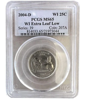 2004-D 25C Wisconsin State Extra LEAF LOW Quarter PCGS MS65 US Rare Coins 044 - Image 1 of 2