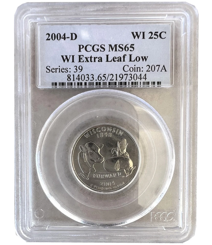 2004-D 25C Wisconsin State Extra LEAF LOW Quarter PCGS MS65 US Rare Coins 044 - Image 1 of 2