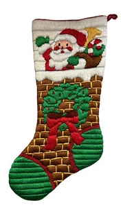 Vtg Finished Crewel Embroidered Stocking Fireplace Hearth Santa Claus Chimney - Picture 1 of 8