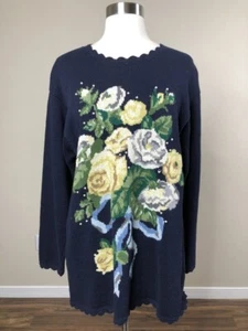 Vintage 90er Pullover M blau Blumen Perlen Verzierung Granny Cottagecore Susan Bristol - Bild 1 von 10