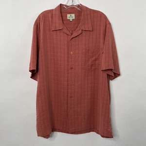 Solitude L Button Front Shirt Salmon Orange Checked S/S Rayon Lounge Soft EUC - Picture 1 of 8