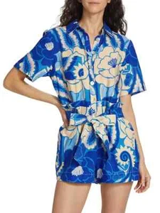 FARM RIO Blue White Floral Tropical Groover Romper Playsuit Linen Blend L 12/14 - Picture 1 of 14